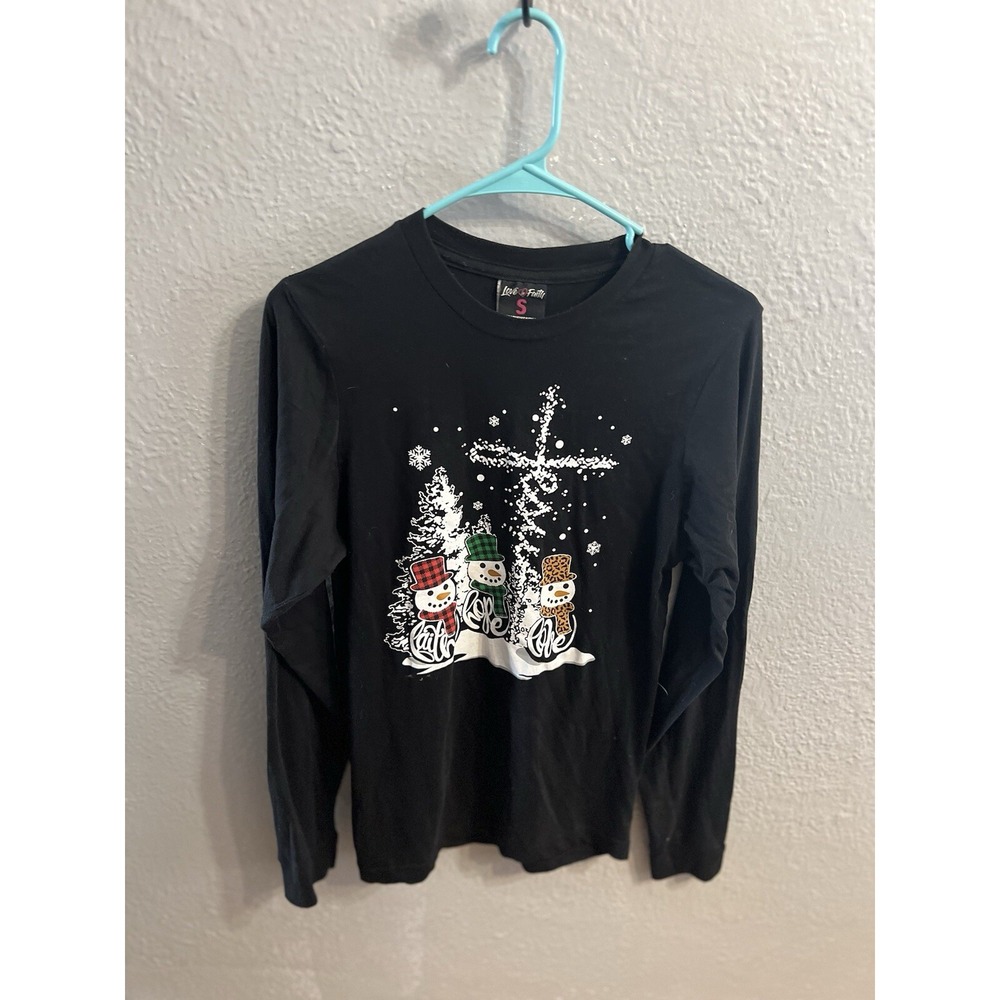 Love In Faith Women's Black Snowman Size Small ‎ Long Sleeve Christmas Plaid